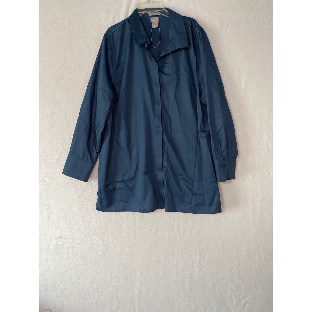 Chico's No Iron Button Down Tunic Shirt Teal Blue Size 3 XL 16/18 Long Sleeve